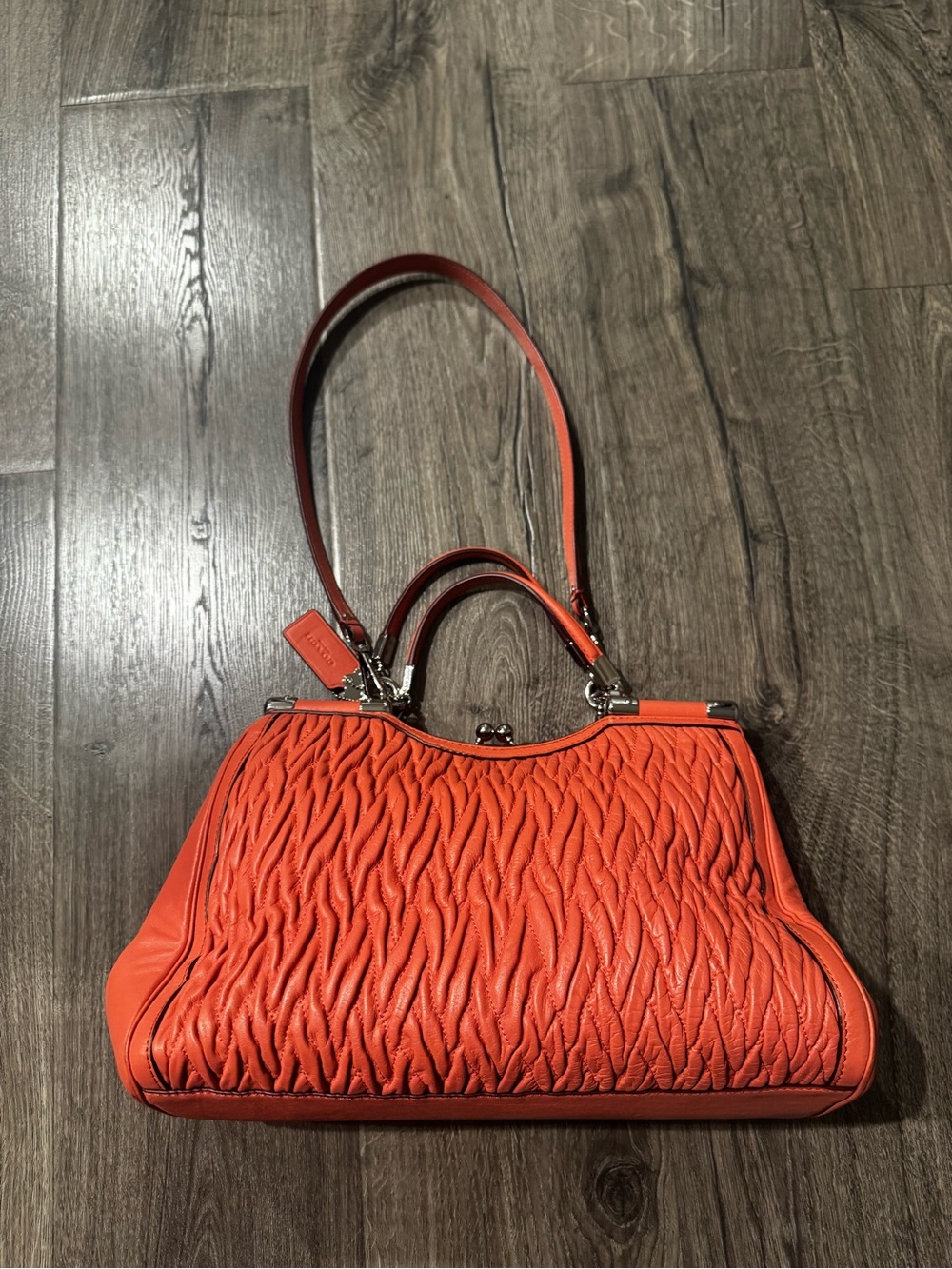 Coach Madison Gathered Twist Carrie Satchel Textured Orange coral Quilted purse - Picture 2 of 16